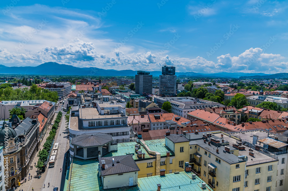 A view westward over the rooftops in Ljubljana, Slovenia in summertime