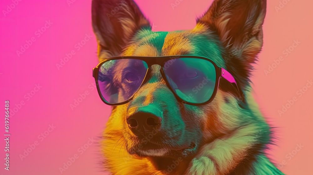 Retro neon dog face in sunglasses on colorful background. Dog in sunglasses. Generative AI