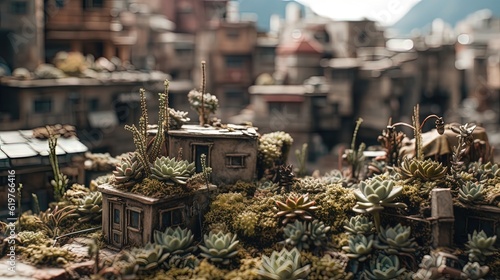 Post-apocalyptic city with mutated plants. Generative AI