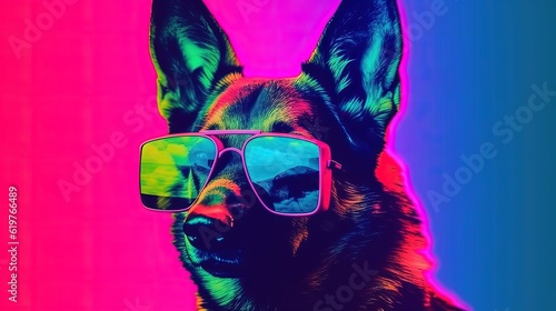 Retro neon dog face in sunglasses on colorful background. Dog in sunglasses. Generative AI