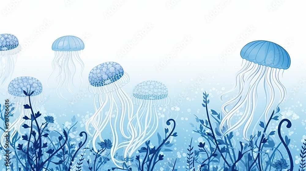 little blue luxury art background with hand drawn to much jellyfish in line style. Animal banner with sea animals for decoration, print, wallpaper, interior design, textile little blue luxury art background with hand drawn to much jellyfish in line style. Animal banner with sea animals for decoration, print, wallpaper, interior design, textile