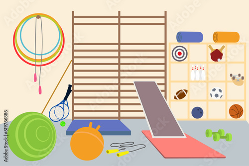 Sports hall for children. Sports equipment. Vector color illustration.
