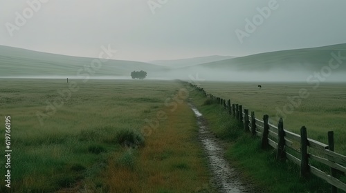 landscape with grassy foggy field. Generative AI