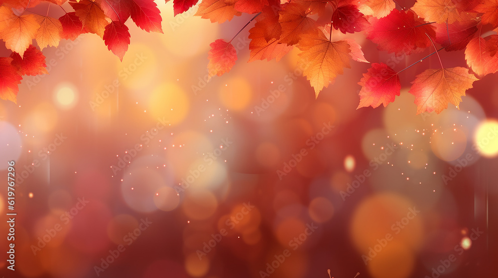 Fall background with blurred flying red leaves autum.  generative AI.