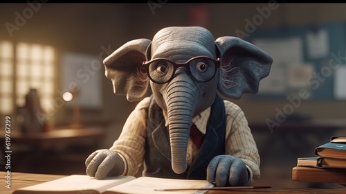 Cartoon elephant in glasses dressed as professor. Cartoon elephant character. Generative AI