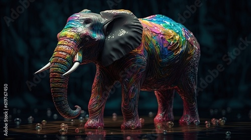 Luminous multicolored elephant statuette. Elephant figurine. Generative AI