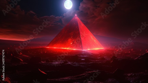 Glowing red pyramid on a surface of a planet. Triangular object. Generative AI