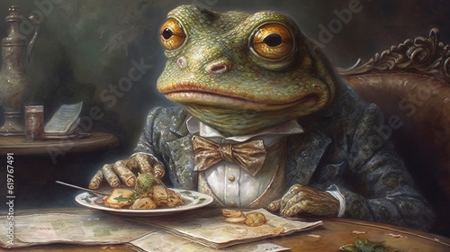 Anthropomorphic elegant frog dressed in suit sitting at the table. Generative AI