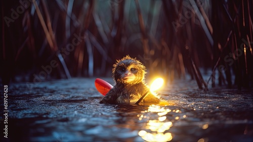 Anthropomorphic pygmy marmoset in a little boat floating in the river. Generative AI