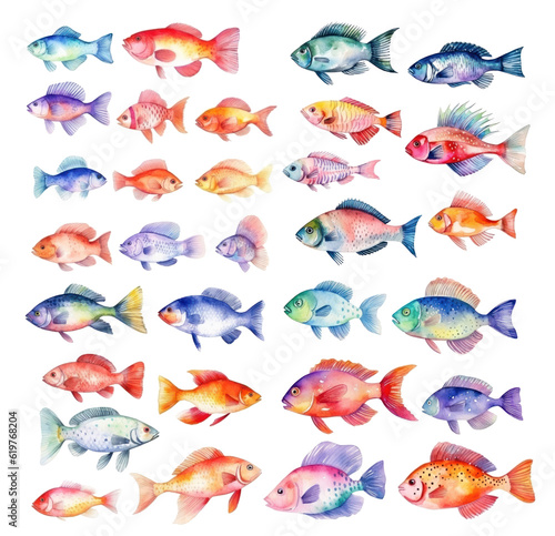 Set with watercolor colorful fishs
