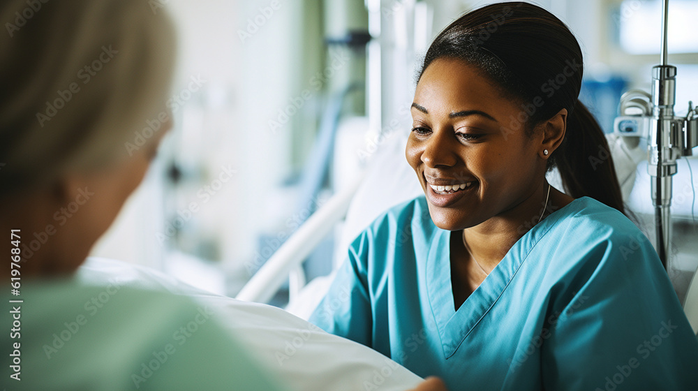 A nurse caring for a patient in a hospital, symbolizing the dedication and compassion of healthcare workers Generative AI A nurse caring for a patient in a hospital, symbolizing the dedication and compassion of healthcare workers Generative AI