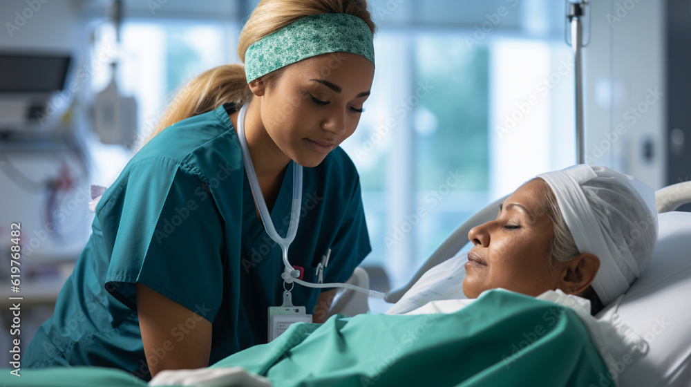A nurse caring for a patient in a hospital, symbolizing the dedication and compassion of healthcare workers Generative AI A nurse caring for a patient in a hospital, symbolizing the dedication and compassion of healthcare workers Generative AI
