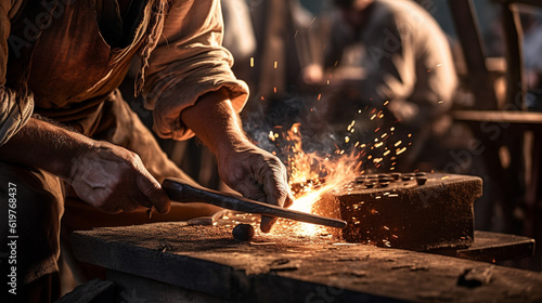 A close-up of a blacksmith forging a piece of metal, showcasing the skill and dedication of laborers Generative AI