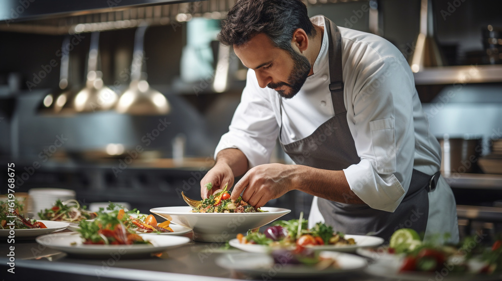 A chef preparing a delicious meal in a professional kitchen, highlighting the artistry and skill of culinary labor Generative AI A chef preparing a delicious meal in a professional kitchen, highlighting the artistry and skill of culinary labor Generative AI