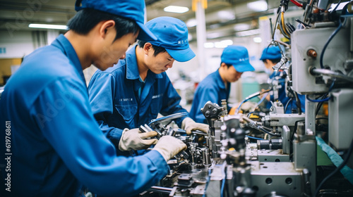 A group of factory workers operating machinery, demonstrating the precision and teamwork involved in manufacturing Generative AI