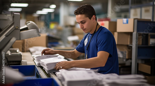 A postal worker sorting mail in a busy post office, symbolizing the essential role of postal labor Generative AI photo