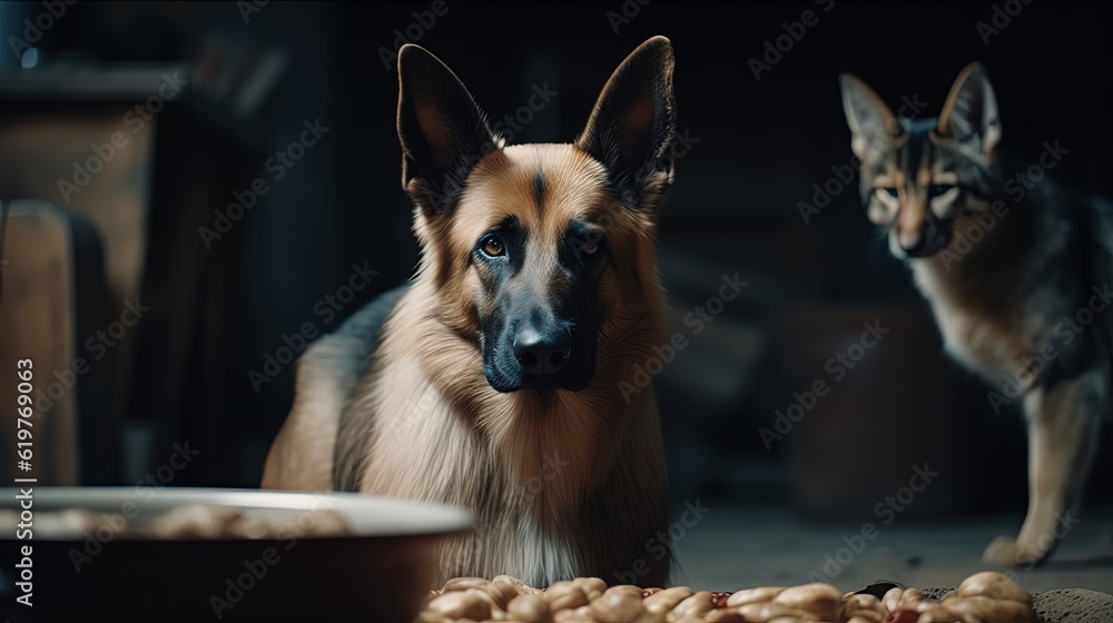 Dog and catdog in the kitchen. Generative AI Dog and catdog in the kitchen. Generative AI