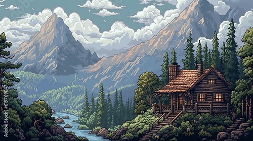 Cabin in mountains. Pixel landscape. Generative AI