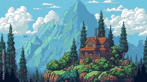 Cabin in mountains. Pixel landscape. Generative AI