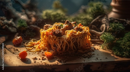 Pasta with beef and vegetables. Generative AI
