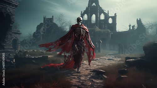 Skeletal emperor in red cape walking around palace. Skeleton. Generative AI © Soulmate