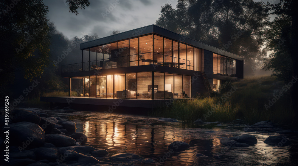 A house in nature by a river A house in nature by a river