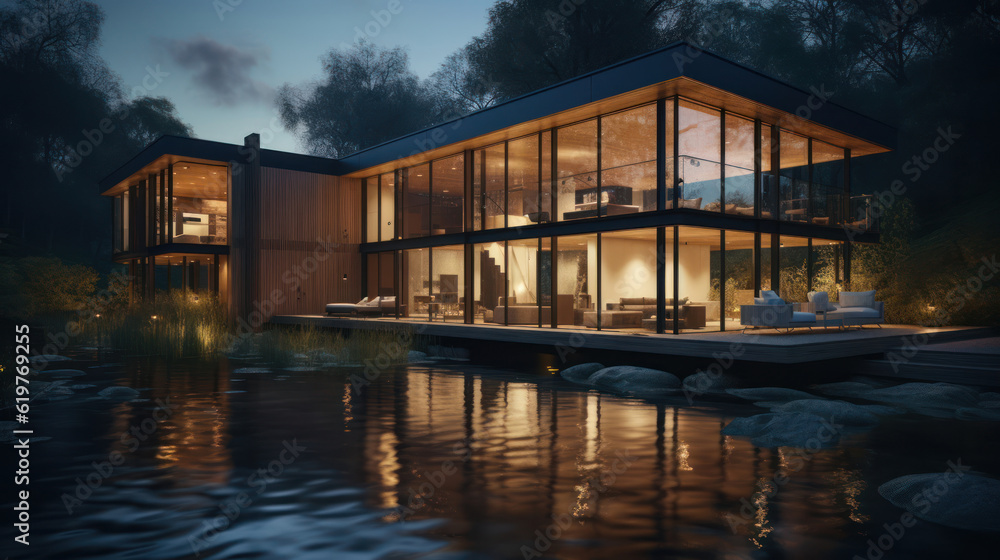 A house in nature by a river A house in nature by a river