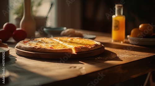 Cheese pizza on a wooden tab. Generative AI