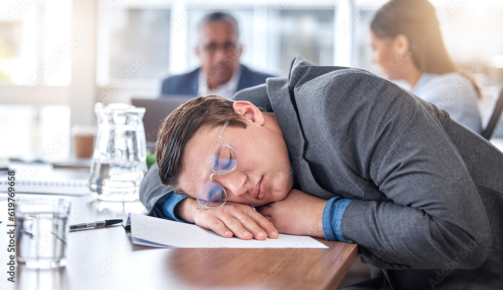 Sleeping, tired and business man in meeting for overworked, exhausted and stress. Mental health, fatigue and burnout with male employee in office for insomnia, conference and time management Sleeping, tired and business man in meeting for overworked, exhausted and stress. Mental health, fatigue and burnout with male employee in office for insomnia, conference and time management