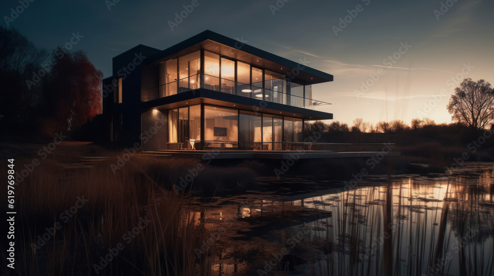 A house in nature by a river A house in nature by a river
