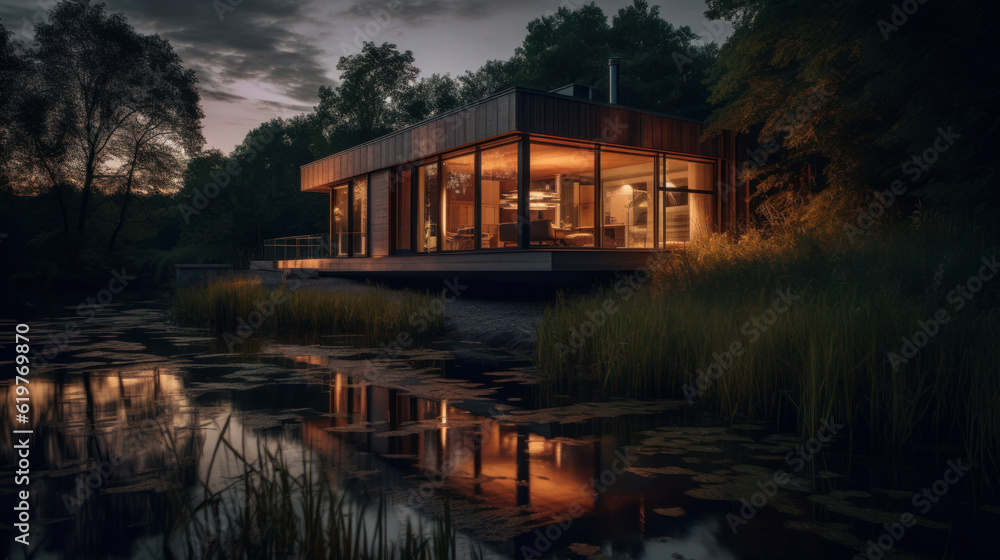 A house in nature by a river A house in nature by a river
