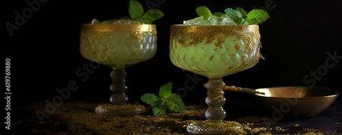 Green cocktails with mint leaves in glasses decorated with gold