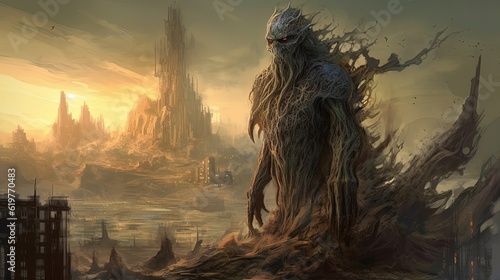 God of chaos on destroyed town background. Monster scary creature. Devil. Generative AI © Soulmate