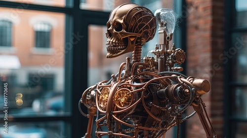 Steampunk golden robotic skeleton. Generative AI