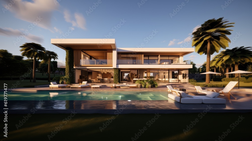 modern villa with open plan living and private bedroom wing with small terrace for relaxation, Generative AI.