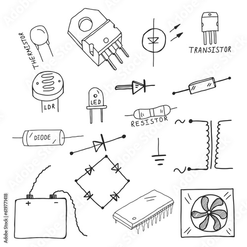 Set of details of microelectronics circuits. Vector black and white illustration