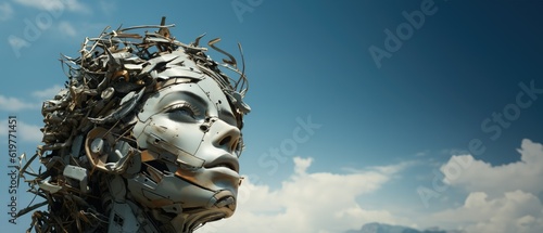 Expressive junkyard scrap metal panel sculpture, effigy of a gigantic human face, weather corroded steel with rust in hot and dry desert post industrial futuristic wasteland - generative AI 