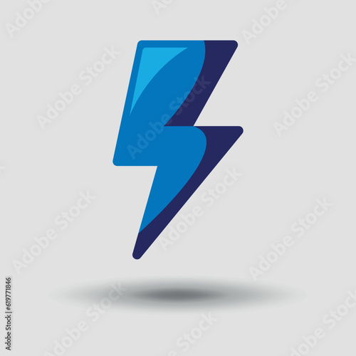 3D lightning icon with a shadow on a gray background. Vector lightning icon