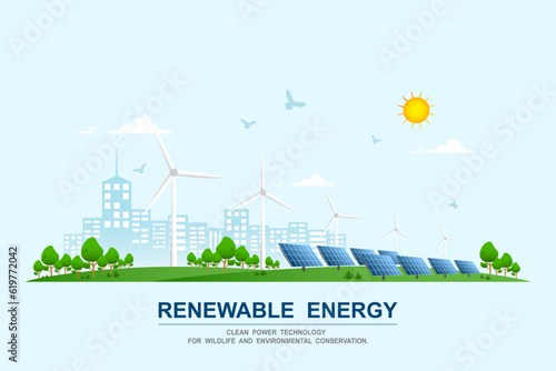 Environmental care and use clean green energy from renewable sources and low carbon concept, Wind power generators or Turbine farm and Solar cells panels, Power generation industry on city background.