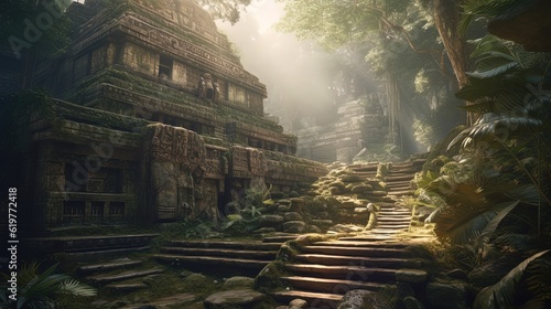 Ancient fantasy temple in the jungle. Generative AI