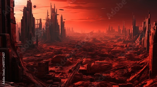 Red futuristic city. Red fantasy world. Generative AI