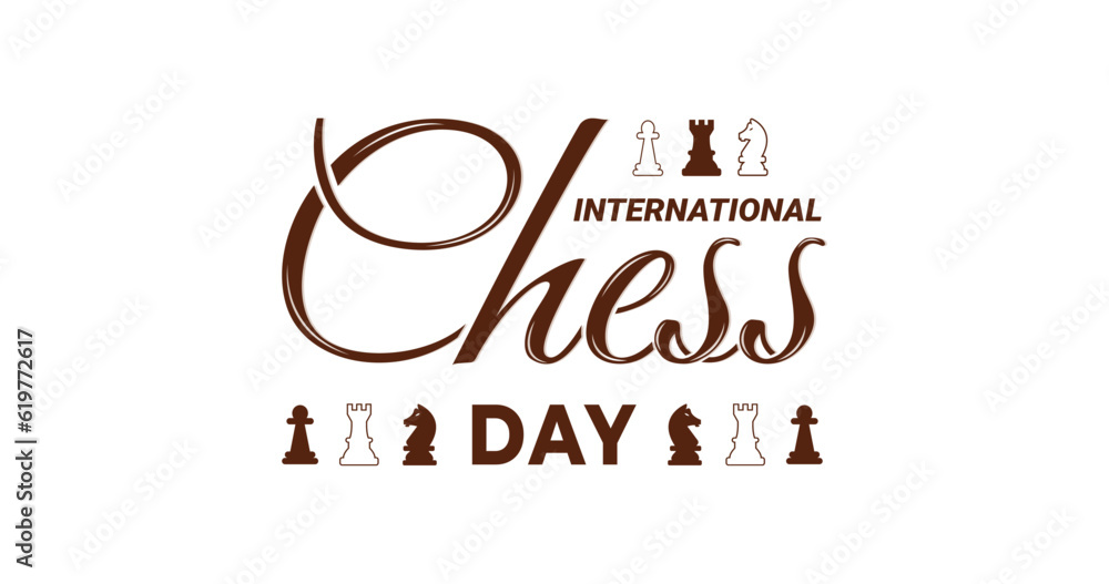Vetor de International Chess Day text lettering with chess figure ...
