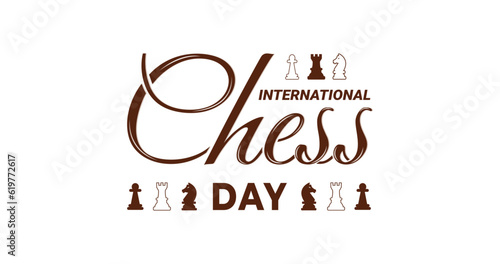 International Chess Day text lettering with chess figure. Handwritten modern calligraphy text in brown color. Great for Chess Clubs, Tournament, and Online Chess Streaming