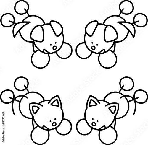 寝そべるわんまるとにゃんまるの線画セット　犬　猫