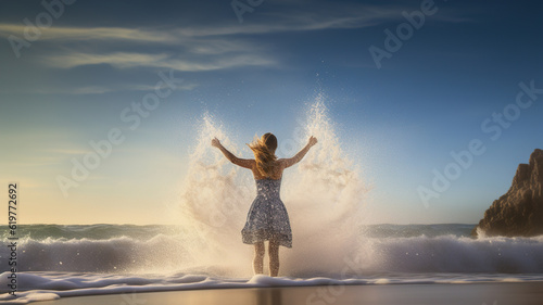Beautiful Woman in Ocean Waves. Young Girl Swimming at Sunny Tropical Sea Beach Water splash. Enjoying Summer and relaxing vacation holiday. Healthy lifestyle, Female in sexy dress