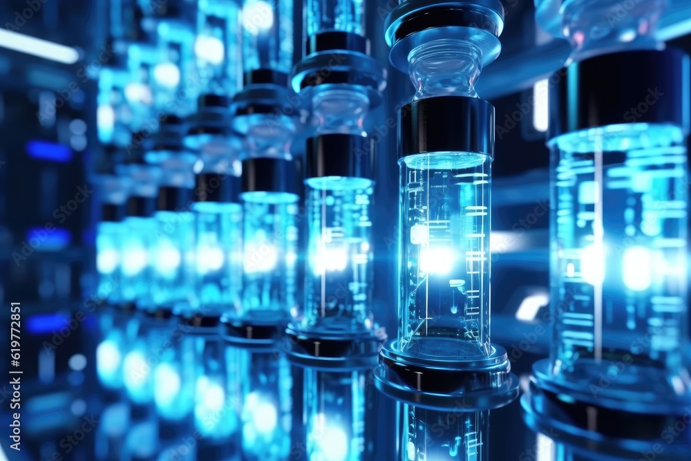 Row of futuristic test tubes in lab Row of futuristic test tubes in lab