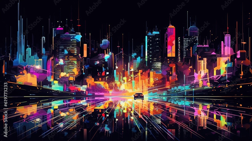 Neon silhouette of city. Generative AI