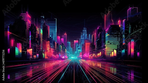 Neon silhouette of city. Generative AI