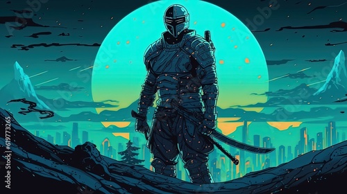 Ninja knight. Samurai on blue moon background. Generative AI