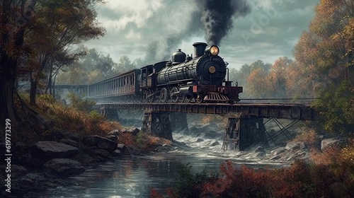 Old steam train on the bridge. Generative AI